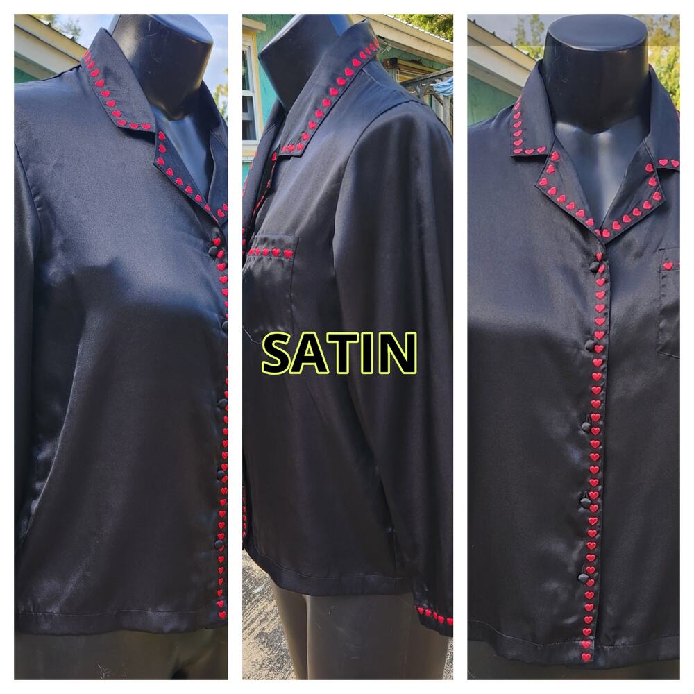 Satin Pajama Top Black Red Heart Embroidery NEW medium